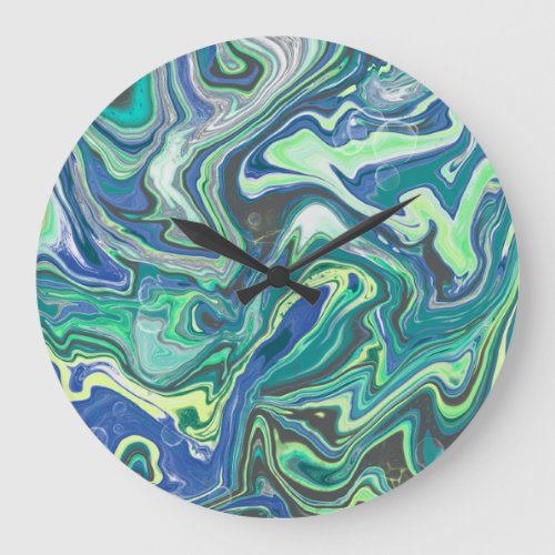 Trendy green  aqua grey marbling design large clock