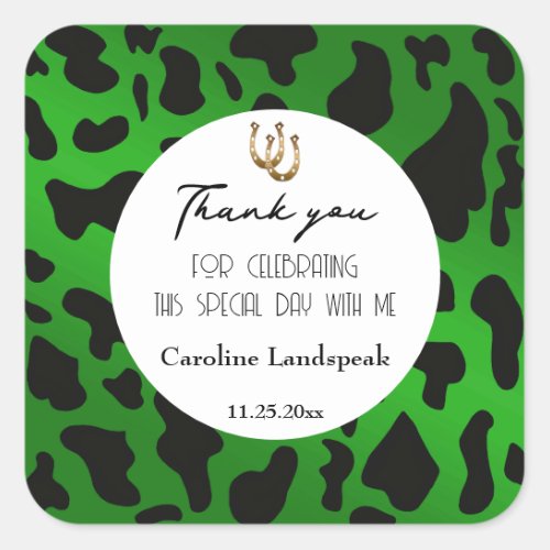 Trendy Green Black Cow Spots Thank You Square Sticker