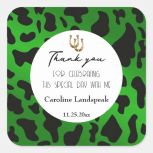 Trendy Green Black Cow Spots Thank You Square Sticker