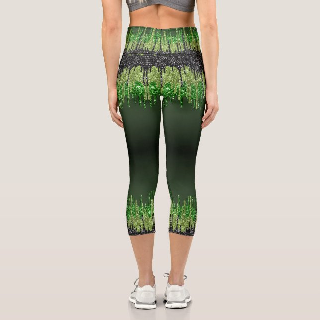 Trendy green black glam dripping Halloween theme Capri Leggings (Back)
