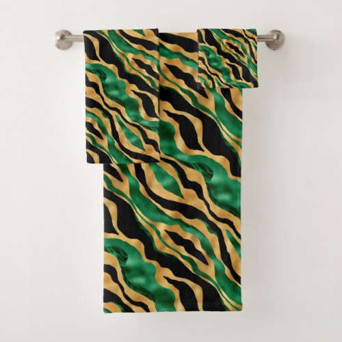 Trendy Green Black Gold Animal Print Graphic Bath Towel Set