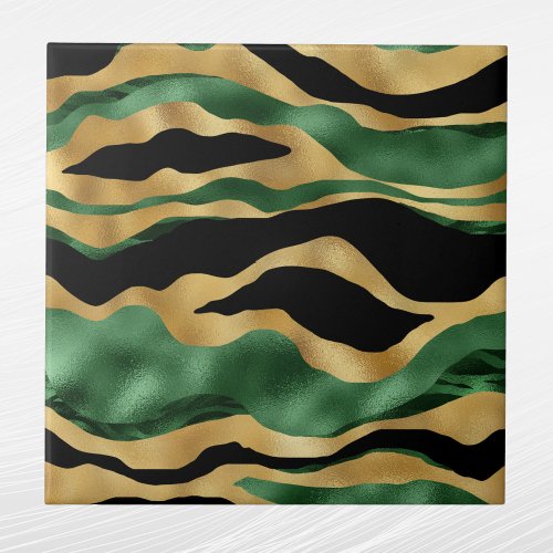 Trendy Green Black Gold Animal Print Graphic Ceramic Tile