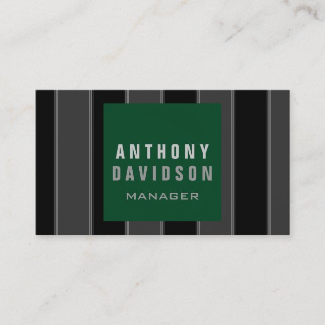 Trendy Green Black Gray Striped Business Card (Front)