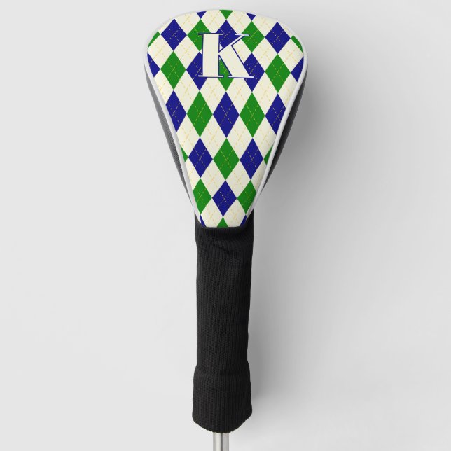 Trendy Green Blue Argyle Pattern Modern Monogram Golf Head Cover (Front)