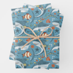Trendy Green Blue Shark Party Guest Gift Wrapping Paper Sheets