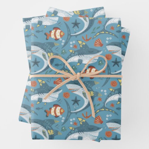 Trendy Green Blue Shark Party Guest Gift Wrapping Paper Sheets