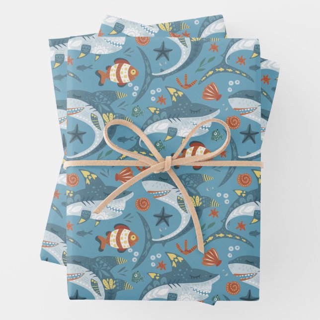 Trendy Green Blue Shark Party Guest Gift Wrapping Paper Sheets (In situ)