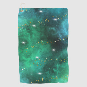 Trendy Green Blue Teal Gold Galaxy Pattern Golf Towel