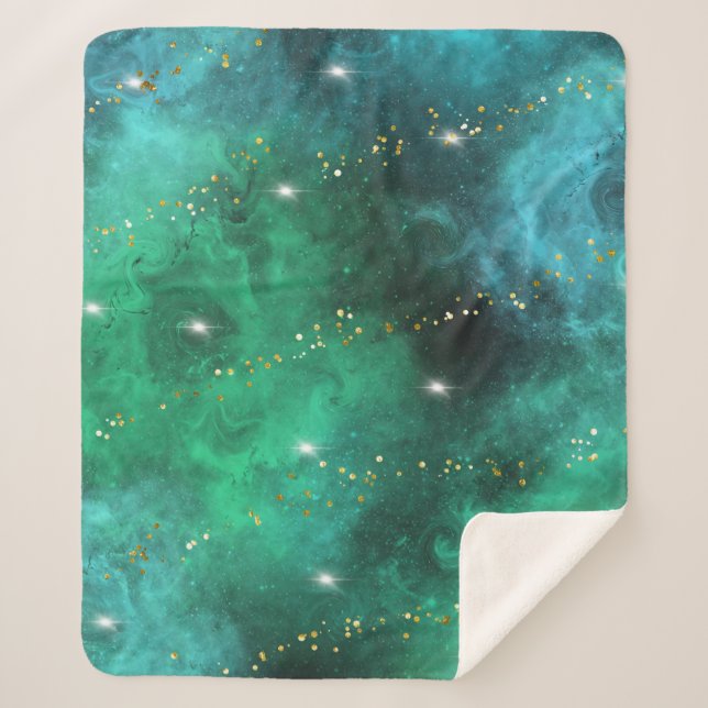 Trendy Green Blue Teal Gold Galaxy Pattern Sherpa Blanket (Front)