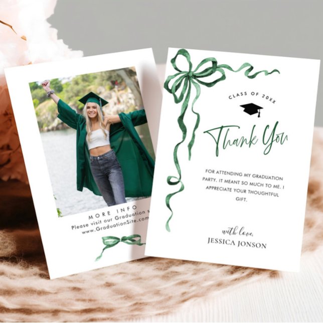 Trendy Green Bow Coquette PHOTO Graduation Thank You Card (Creator Uploaded)