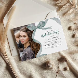 Trendy Green Bow Photo Graduation Invitation