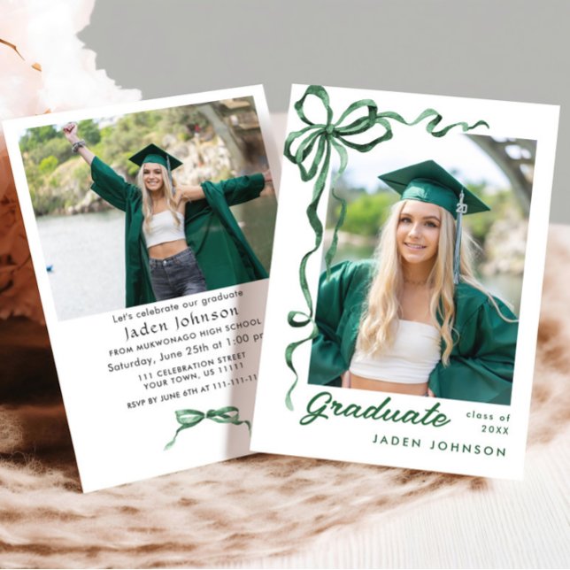 Trendy Green Bow Ribbon 2 PHOTO Graduation Party I Invitation (Creator Uploaded)