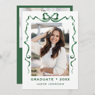 Trendy Green Bow Ribbon 2 PHOTO Graduation Party Invitation