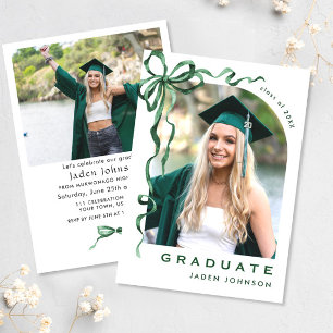 Trendy Green Bow Ribbon 2 PHOTO Graduation Party Invitation