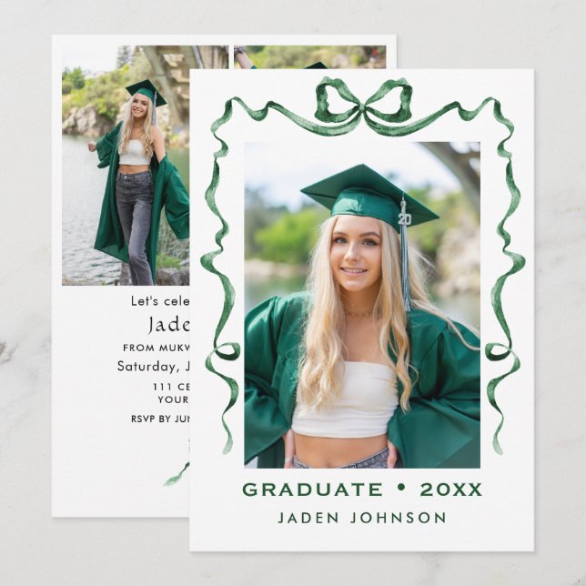 Trendy Green Bow Ribbon 4 PHOTO Graduation Party I Invitation (Front/Back)