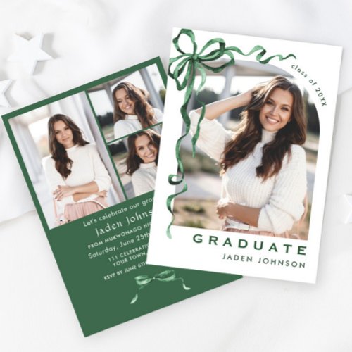 Trendy Green Bow Ribbon 4 PHOTO Graduation Party