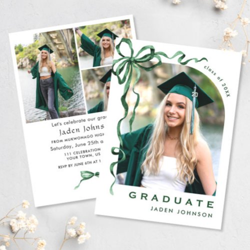 Trendy Green Bow Ribbon 4 PHOTO Graduation Party