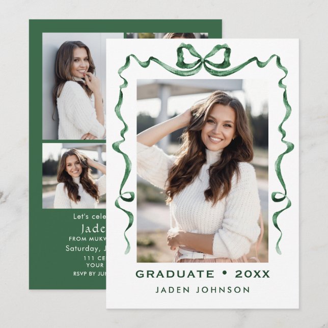 Trendy Green Bow Ribbon 5 PHOTO Graduation Party Invitation (Front/Back)