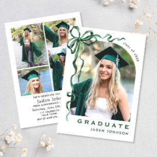 Trendy Green Bow Ribbon 5 PHOTO Graduation Party Invitation