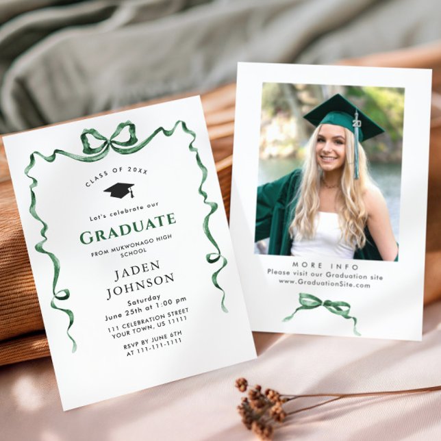 Trendy Green Bow Ribbon PHOTO Graduation Party Invitation (Creator Uploaded)