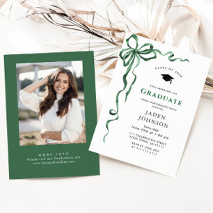 Trendy Green Bow Ribbon PHOTO Graduation Party Invitation