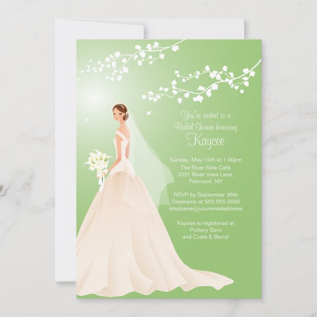 Trendy Green BRUNETTE Bride Bridal Shower Invite (Front)