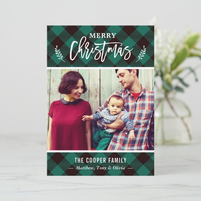 Trendy Green Buffalo Plaid Merry Christmas Photo Holiday Card (Standing Front)