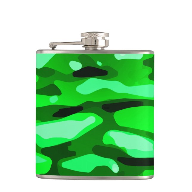 Trendy Green Camo Abstract Pattern Hip Flask (Front)