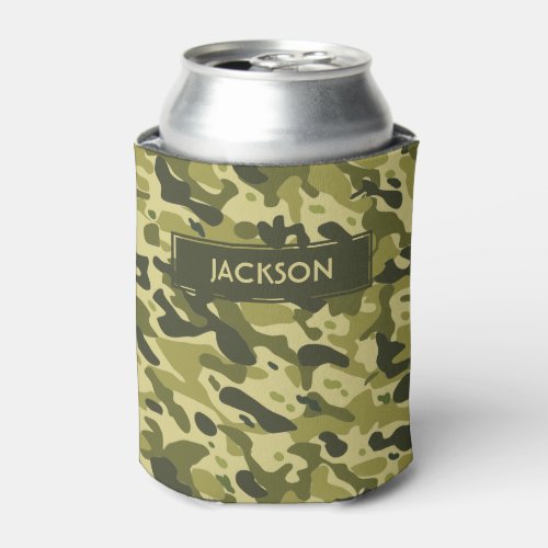 Trendy green camouflage pattern with name can cooler