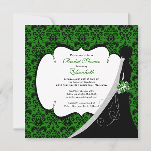 Trendy Green Damask Bride Bridal Shower Invite
