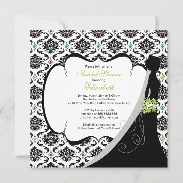 Trendy Green Damask Bride Bridal Shower Invite (Front)