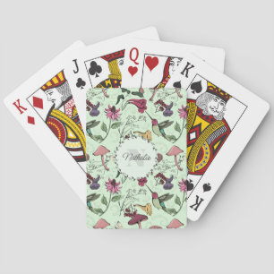 Trendy Green Flowers & Hummingbird Monogram Poker Cards