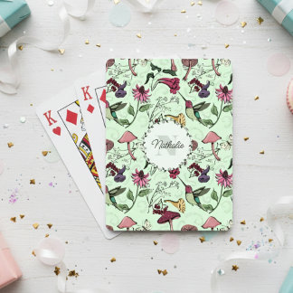 Trendy Green Flowers & Hummingbird Monogram Poker Cards
