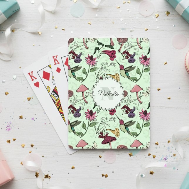 Trendy Green Flowers & Hummingbird Monogram Poker Cards (Floral Hummingbird Playing Cards. Botanical Hummingbirds & Flowers Pattern for Animal & Bird Lovers)