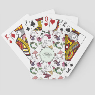 Trendy Green Flowers & Hummingbird Monogram Poker Cards