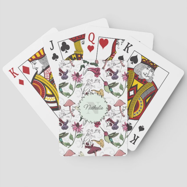 Trendy Green Flowers & Hummingbird Monogram Poker Cards (Back)