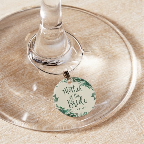 Trendy Green Foliage Mother of the Bride with Name Wine Charm