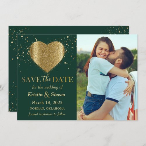 Trendy Green Gold Glitter Heart Photo Save The Date