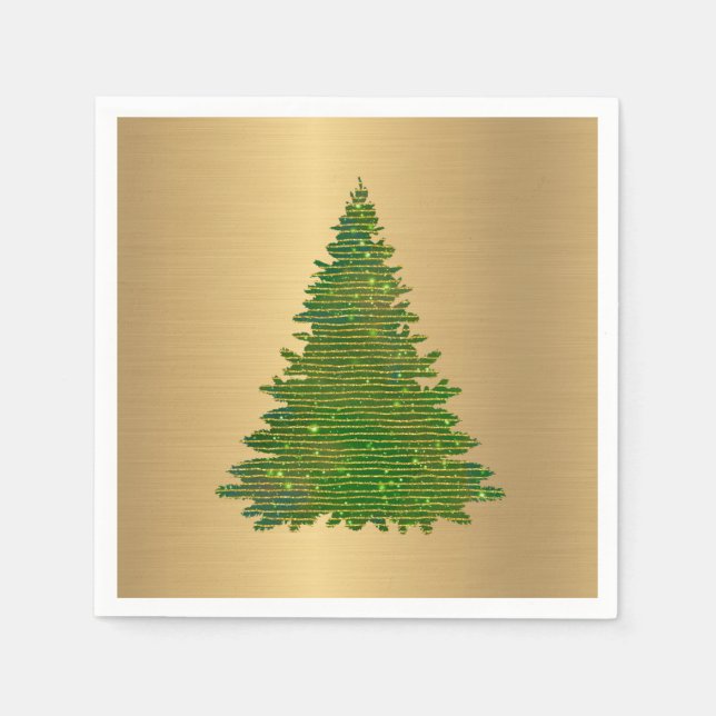 Trendy Green Gold Glitter Tree Christmas Napkins (Front)