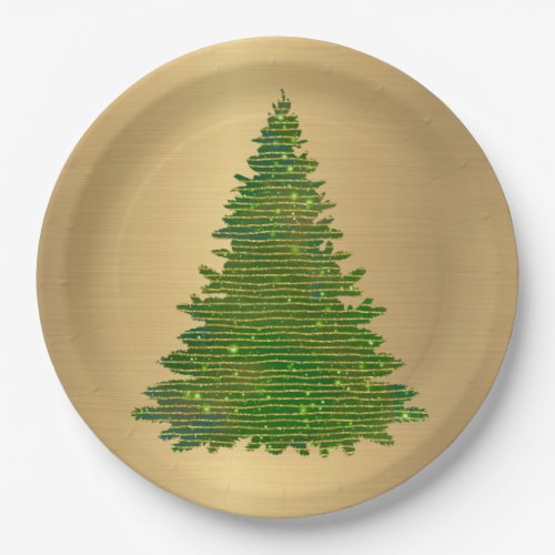Trendy Green Gold Glitter Tree Christmas Paper Plates
