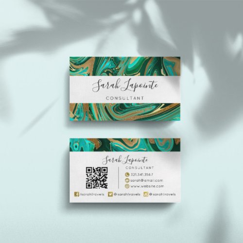 Trendy Green  Gold Liquid Marble QR code Business Card