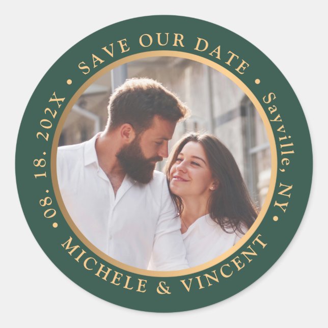 Trendy Green Gold Photo Save The Date  Classic Round Sticker (Front)