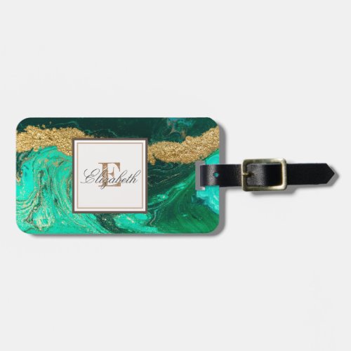 Trendy Green Gold Stone Marble Texture Monogram Luggage Tag