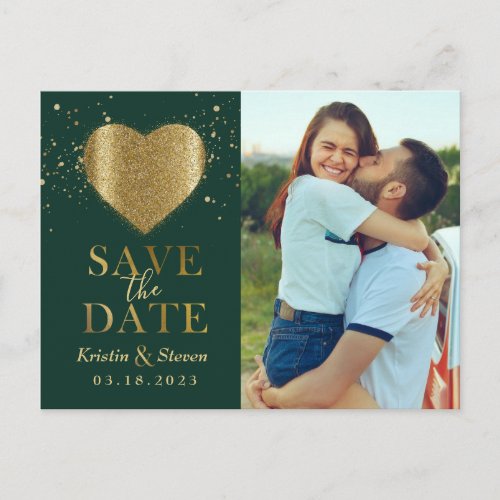 Trendy Green Gold Sweet Heart Photo Save the Date Postcard