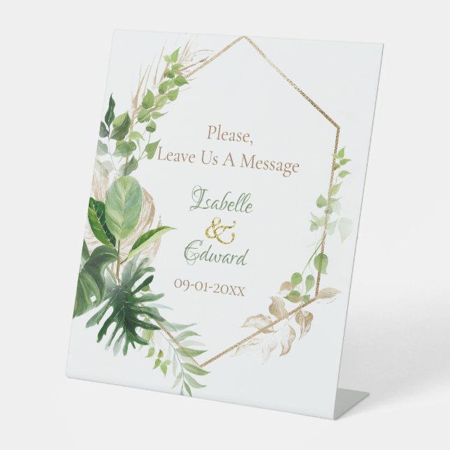 Trendy Green & Gold Tropical Monstera Leaves Pedestal Sign (Front)