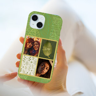 Trendy Green Leaf Design With 2 of Your Own Photos iPhone 15 Case