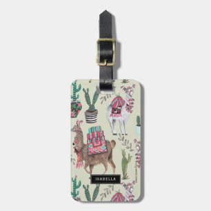 Trendy green Llamas Cactus Travel vacation Luggage Tag