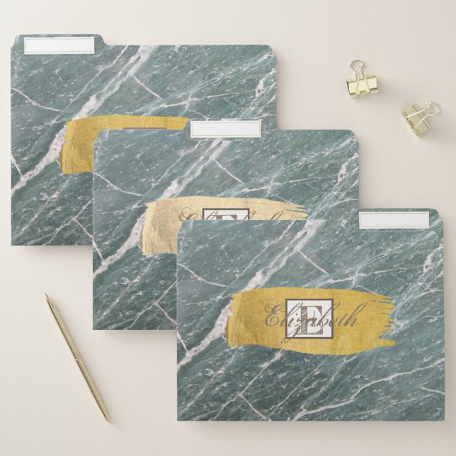 Trendy Green  Marble, Gold Brush Stroke File Folder (Set)