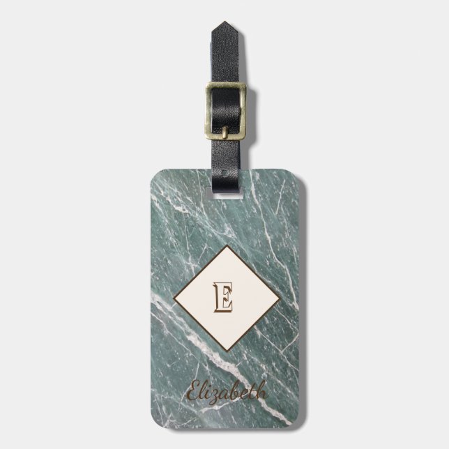 Trendy Green Marble, Monogram-Personalized Luggage Tag (Front Vertical)