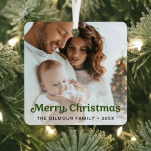 Trendy Green Merry Christmas Family Photo Metal Ornament